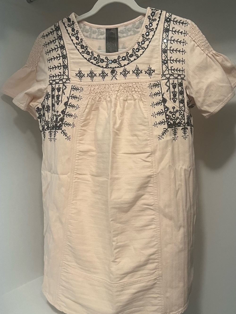 Free People Peach Mini Dress with dark Blue Embroidery